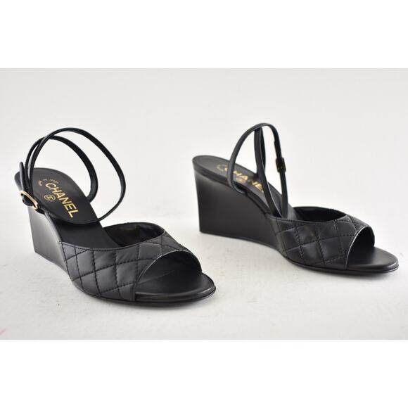 Chanel 24C Black Quilted Lambskin CC Crystal Logo Ankle Strap Sandal Wedge 38 - Picture 3 of 16